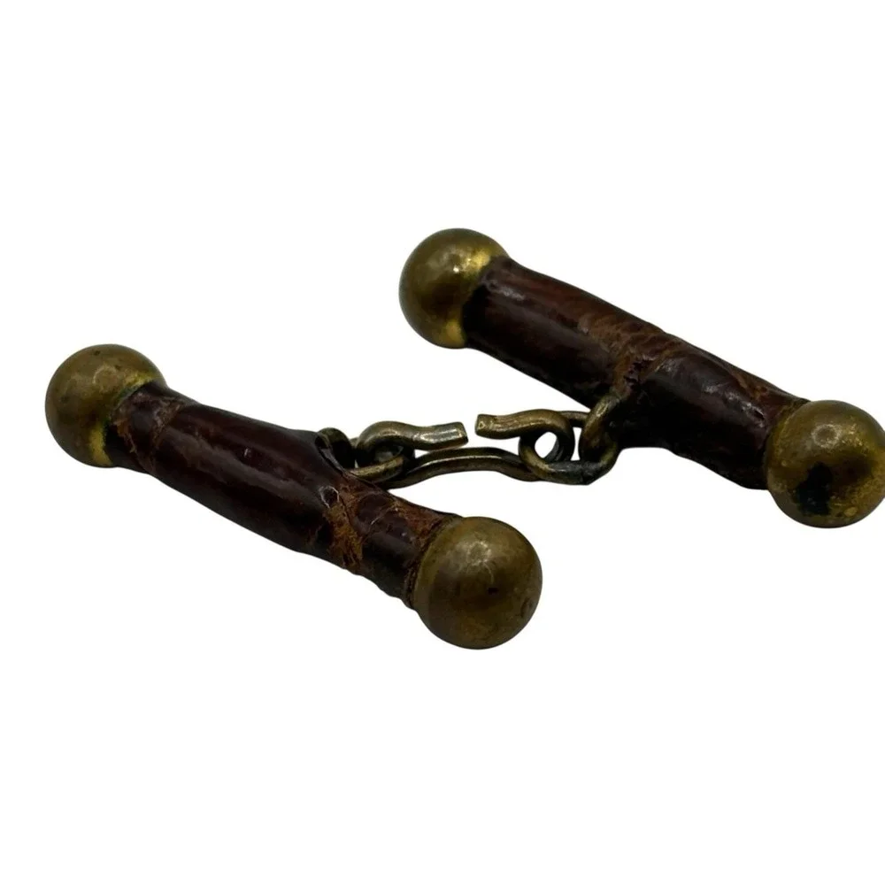 Vtg Antique Cufflinks Brown‎ Snakeskin Leather Brass Barbell  Chain Link RARE